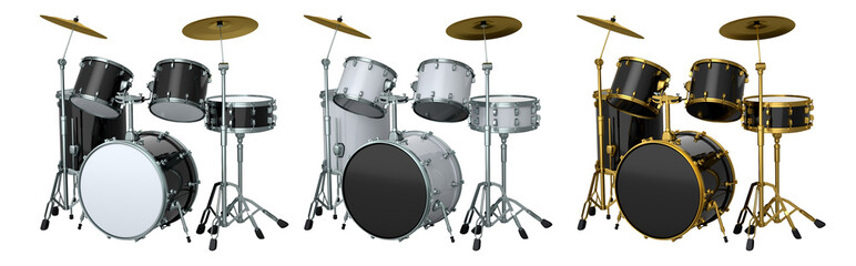 Set of realistic drums with metal cymbals or drumset on white background