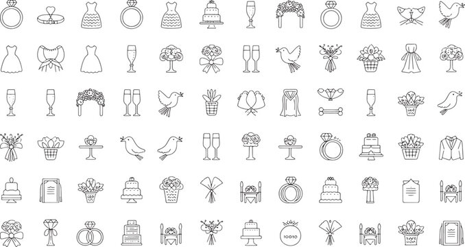 Collection of wedding themed vector icons including rings dresses cakes doves and flowers wedding icons