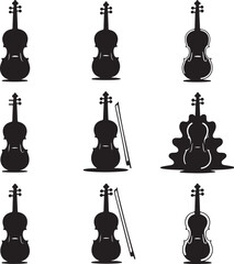 Collection of violins and cello silhouettes in various artistic styles