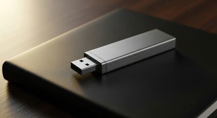Metallic USB drive on a book with modern technological innovation concept