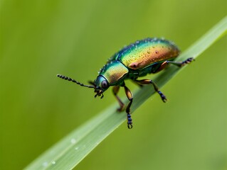 Naklejka premium Close-up Macro shot of a vibrant metallic green beetle perched on a blade of grass covered in water droplets