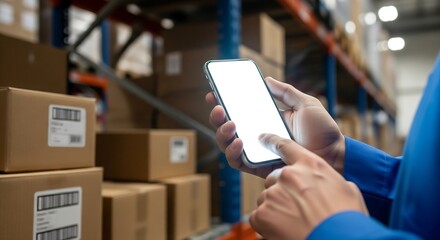 Warehouse worker using a smartphone to scan barcodes on boxes in a logistics facility.