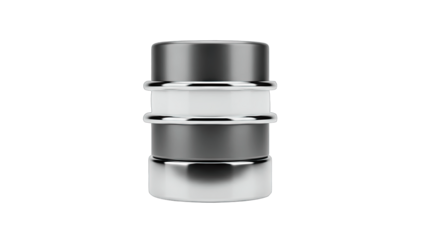3D Shiny metallic cylinder with white stripe and chrome rings on transparent background