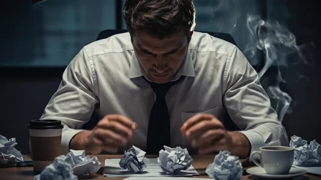 Exhausted man slumped at desk with head in hands, suffering burnout.