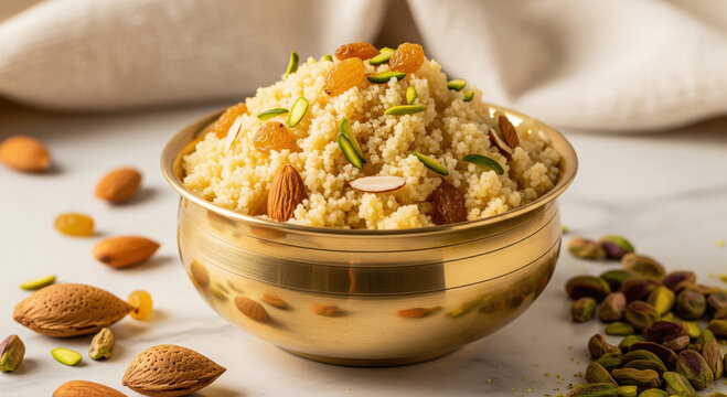 Traditional Indian Semolina Sweet Dessert with Dry Fruits and Nuts