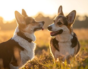 Two Pembroke Corgis interact in a golden hour field