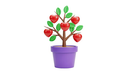 3D Heart shaped fruit tree in a purple pot on transparent background
