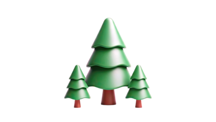 3D stylized green Christmas trees with red trunks on transparent background