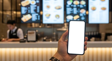 A person holds a smartphone with a blank white screen in front of a restaurant counter with digital menus and a server in the background.