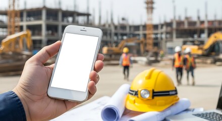 A construction worker holds a smartphone with a blank screen in front of a building site with cranes and workers.