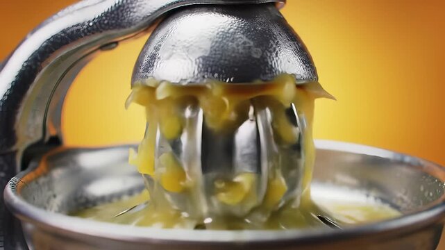 Fresh Orange Juice Being Extracted in a Manual Citrus Squeezer Ready to Serve and Enjoy