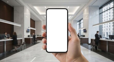A hand holding a smartphone with a blank white screen in a modern bank lobby, symbolizing digital banking.