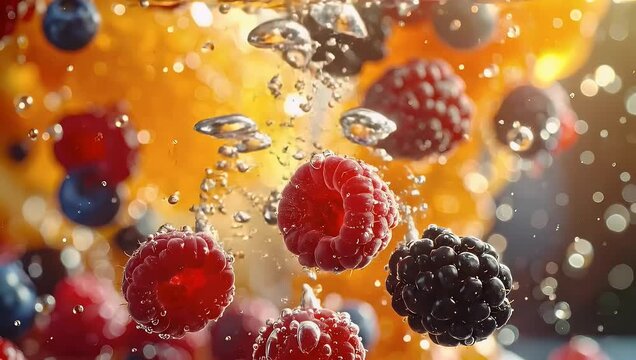 Vibrant raspberries and blackberries splash into effervescent water with sparkling bubbles, symbolizing freshness, health, and natural refreshment.