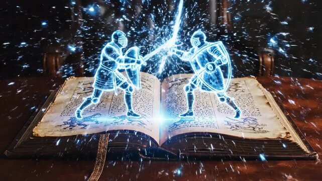 Glowing knights duel on antique book
