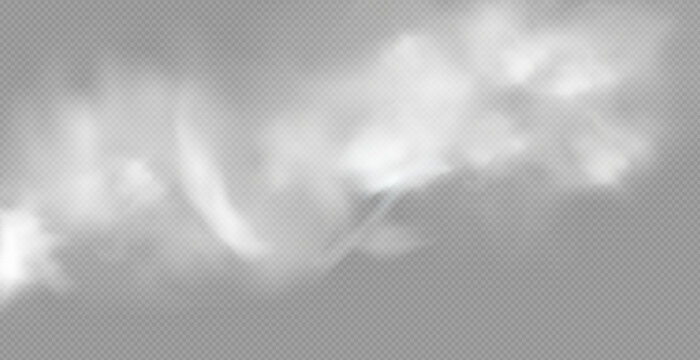 Realistic white fluffy clouds with fog or light smoke effect on a transparent background. Misty atmosphere element for overlaying on images, dramatic scenes or weather visual effects.