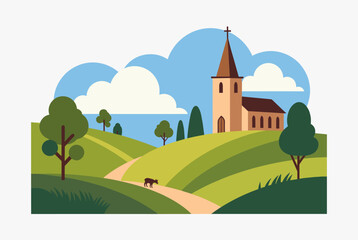 Naklejka premium Idyllic Rural Landscape with Church on Rolling Green Hills and Winding Path