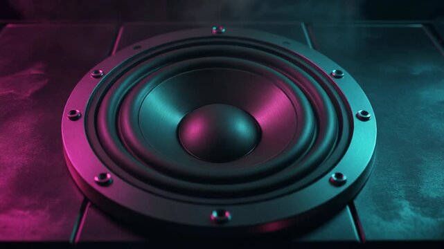 Bass Speaker Moving in Neon Smoke Pumping Music Vibration