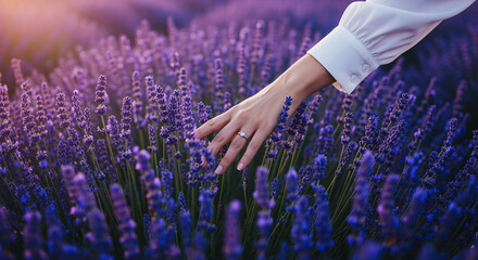 Woman's hand gracefully caressing the delicate, aromatic purple blooms of a sprawling lavender field bathed in the soft, warm glow of a beautiful sunset.