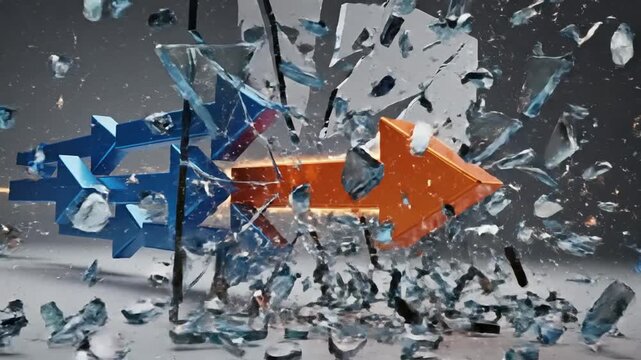P93-Orange arrow breaking through barrier among blue arrows symbolizing breakthrough and success in busi 4K 10s