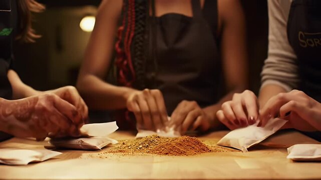 Women working together packing individual seasoning packs on wooden table close up