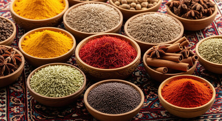 Fototapeta premium Vibrant Assortment of Global Spices in Wooden Bowls on Rug