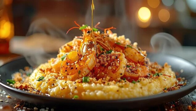Delectable Shrimp and Grits Plated and Adorned, Culinary Excellence Captured in a Sequence