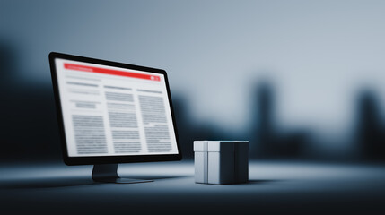 A digital workspace featuring a computer monitor, showcasing a website page, and an adjacent closed box, all rendered in a clean, modern aesthetic.