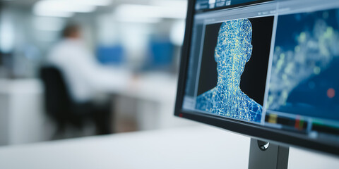 A detailed, high-tech computer monitor displays complex medical visualizations, hinting at cutting-edge diagnostics or research within a modern laboratory setting.