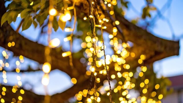 A close-up shot of glowing string lights with bokeh effect, hanging in a tree with leaves