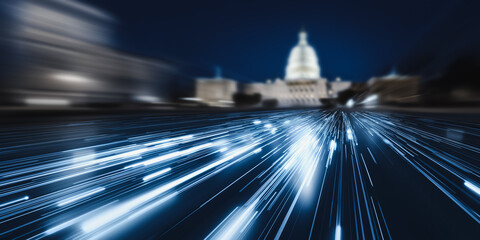 Dynamic cityscape comes alive with trails of light as the camera focuses on the building, representing the vibrant pulse of a thriving metropolis.