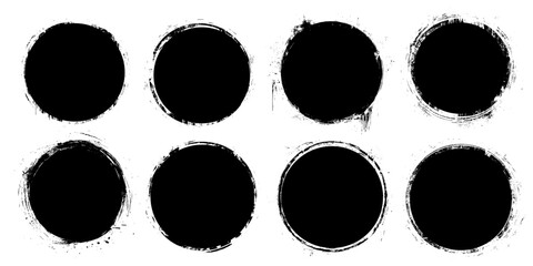 Collection of miscellaneous black grunge round brush strokes isolated over white background. Set of design elements. Vector illustration.