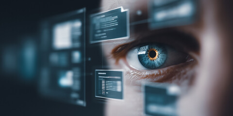 A captivating close-up unveils a human eye enhanced with advanced augmented reality interface technology, symbolizing a visionary future of information access and data analysis.