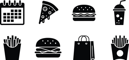 Black and white icons representing food and shopping with calendar concepts for daily planning