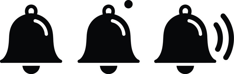 Set of three black and white bell icons showing silent and ringing notification alert states