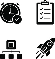 Black and white icons depicting time management and organization with project launch concepts