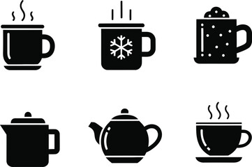 Set of six black and white icons for hot and cold beverages in mugs and cups for cafe design