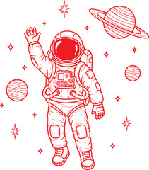 Simple red line drawing of an astronaut waving in space with planets and stars in the background