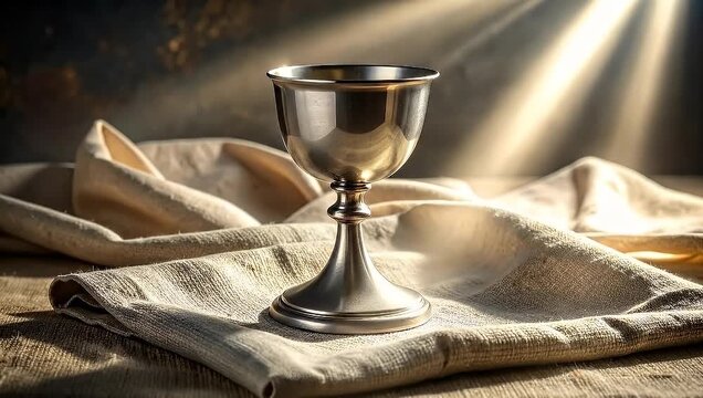 Golden Chalice with Heavenly Light, Holy Communion Cup on Linen Cloth, Symbol of Faith and Spirituality