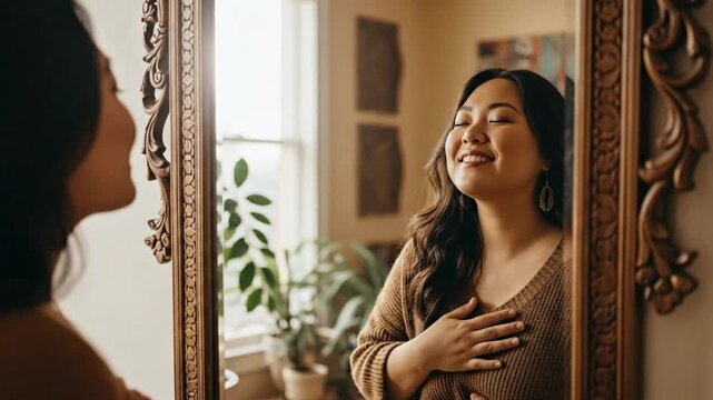 Plus size Asian woman examining reflection in mirror, focusing on self-acceptance.