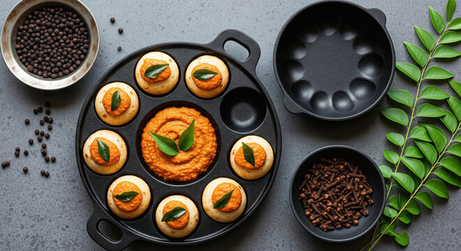 Delicious Indian Appams with Chutney, Spices, and Curry Leaves
