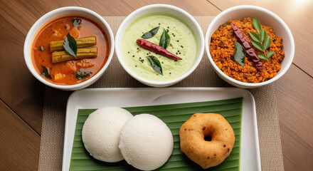 Traditional South Indian Breakfast: Idli, Vada, Sambar, Chutneys