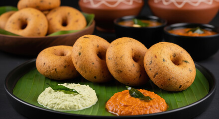 Delicious Medu Vada, South Indian Fritters with Chutney and Sambar