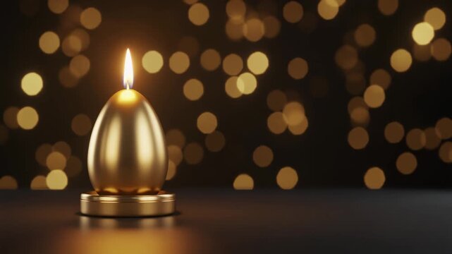 Lit golden egg-shaped candle with holder on dark bokeh background.