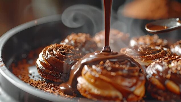 Decadent Chocolate Glaze Pouring Over Freshly Baked Cinnamon Rolls, A Delicious Treat