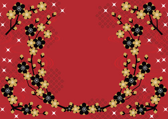 梅が枝リース背景、横、赤、かわいい、イラスト、和風