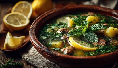 Delicious bowl of soup with fresh herbs, lemon slices, and potatoes, served in a rustic wooden bowl, showcasing vibrant colors and inviting textures for culinary enthusiasts