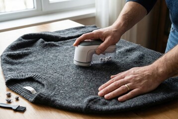 Individual uses a lint remover on a gray sweater laid flat on a wooden table, ensuring it looks clean and presentable in a bright indoor setting