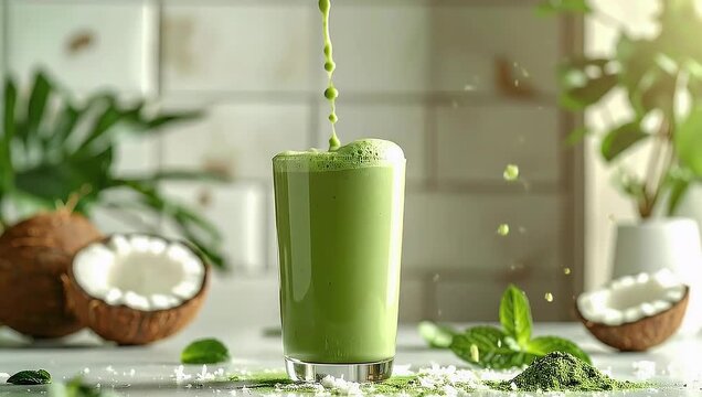 Refreshing Green Smoothie Splash in Slow Motion with Fresh Coconuts and Matcha Powder, Promoting Health and Wellness