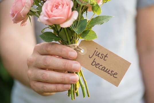A hand is holding a small bouquet of pink roses tied with twine. Attached is a tag that reads just because, perfect for expressing love or appreciation