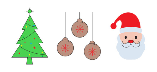 Christmas Tree Ornaments and Santa Face Icon Set &ndash; Festive Holiday Vector